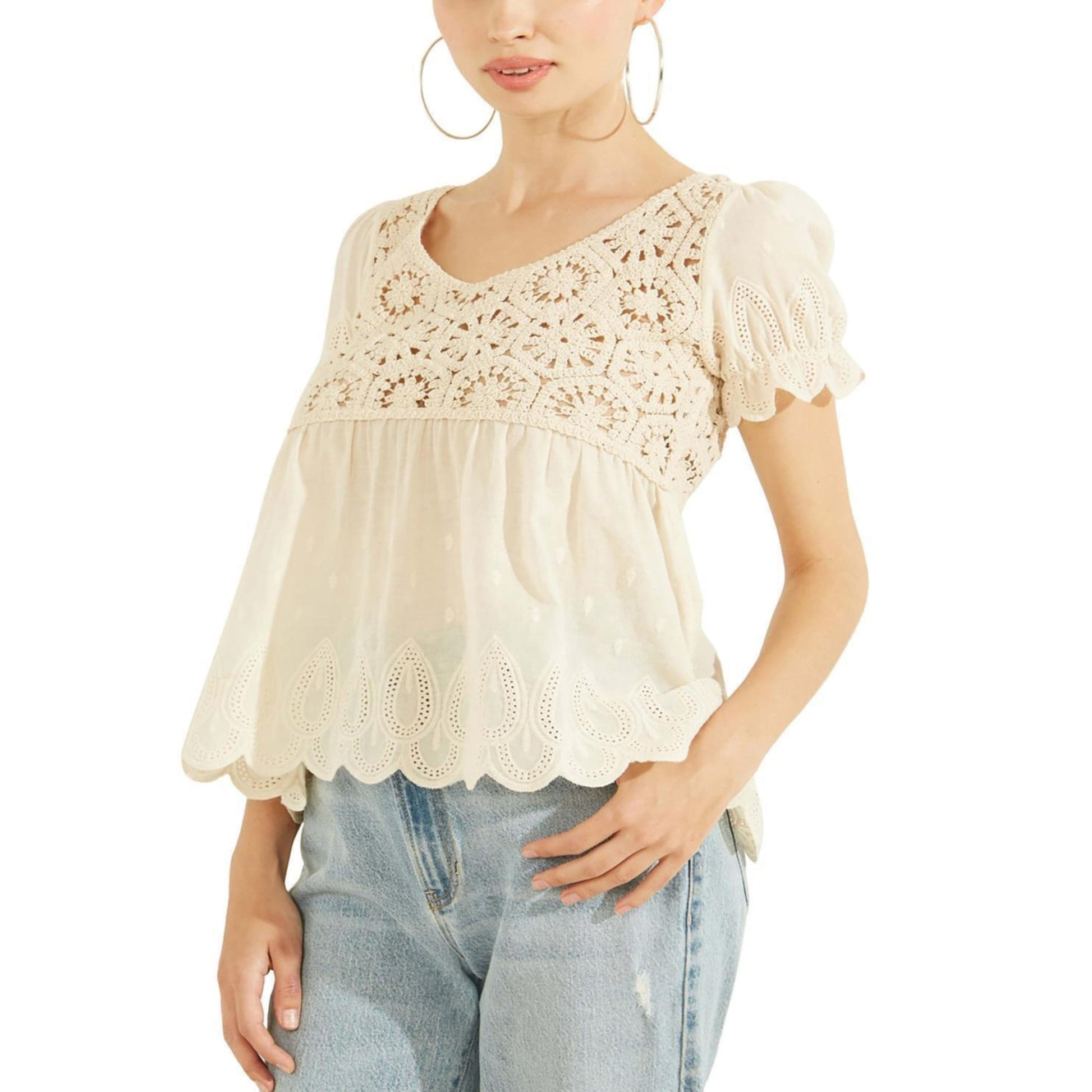 GUESS Womens Tops XS / Beige GUESS - Crochet Scoop Neck Pullover Top