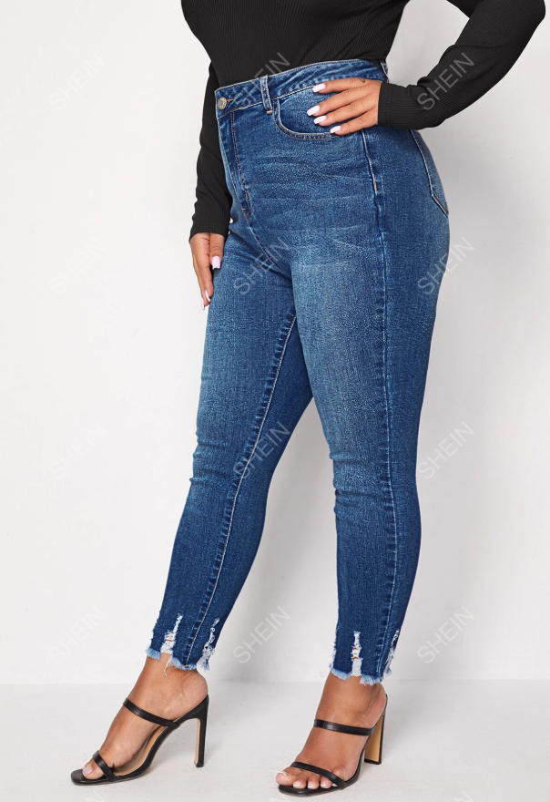 SHEIN - LUNE Plus High Waist Ripped Frayed Hem Skinny Jeans