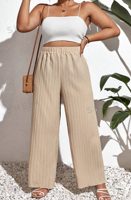 SHEIN - Frenchy Plus Solid Plisse Wide Leg Pant