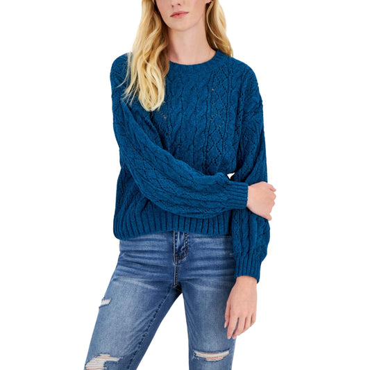 HIPPIE ROSE Womens Tops L / Blue HIPPIE ROSE - Crewneck Cozy Chenille Cable-Knit Sweater