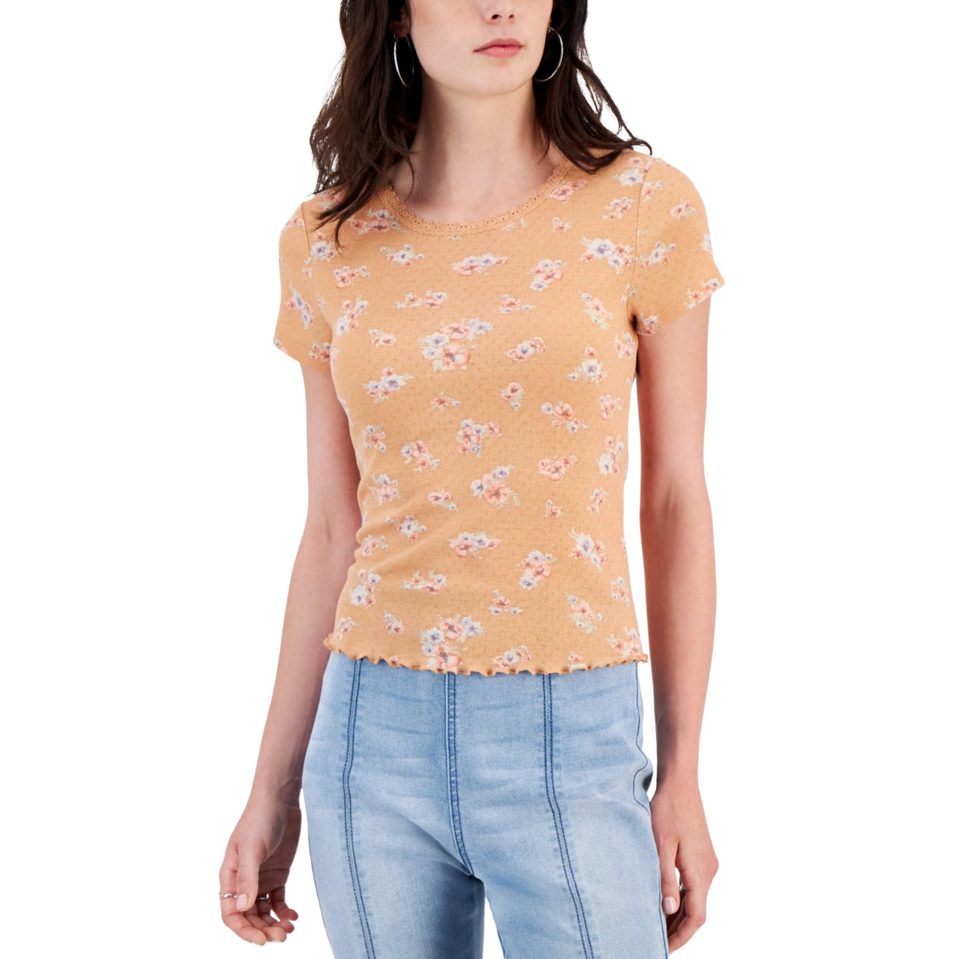 HIPPIE ROSE Womens Tops M / Orange HIPPIE ROSE - Floral Print Short Sleeves Pullover Top