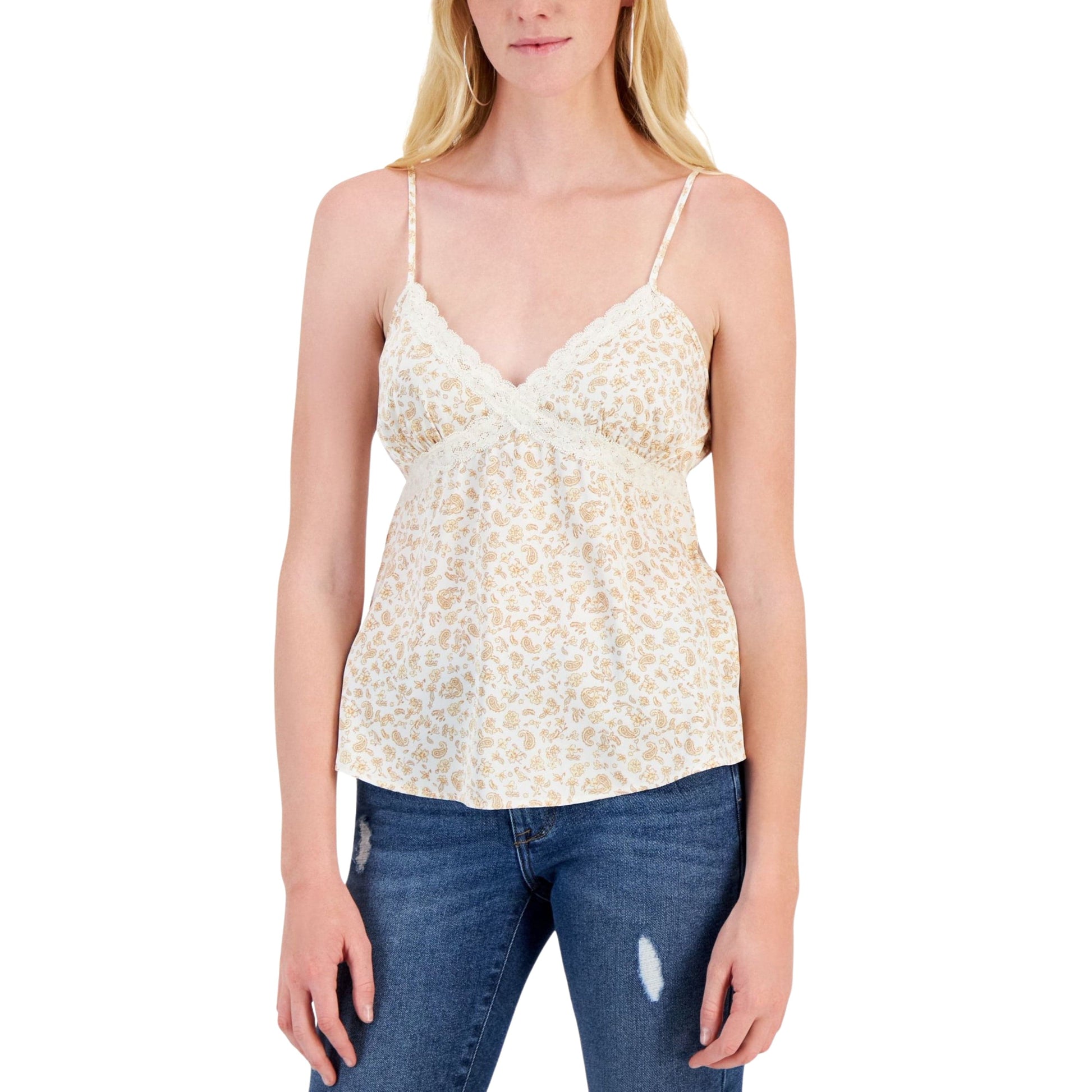 HIPPIE ROSE Womens Tops S / Off-White HIPPIE ROSE - Paisley Printed Sleeveless Satin Lace-Trim Camisole Top