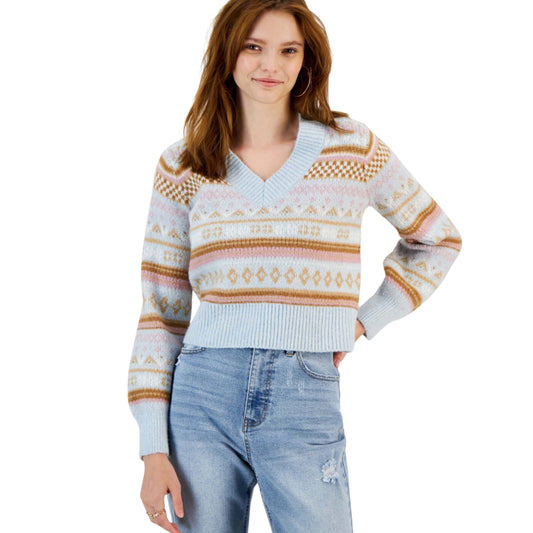 HIPPIE ROSE Womens Tops S / Multi-Color HIPPIE ROSE -  Printed Bubble-Sleeve V-Neck Sweater