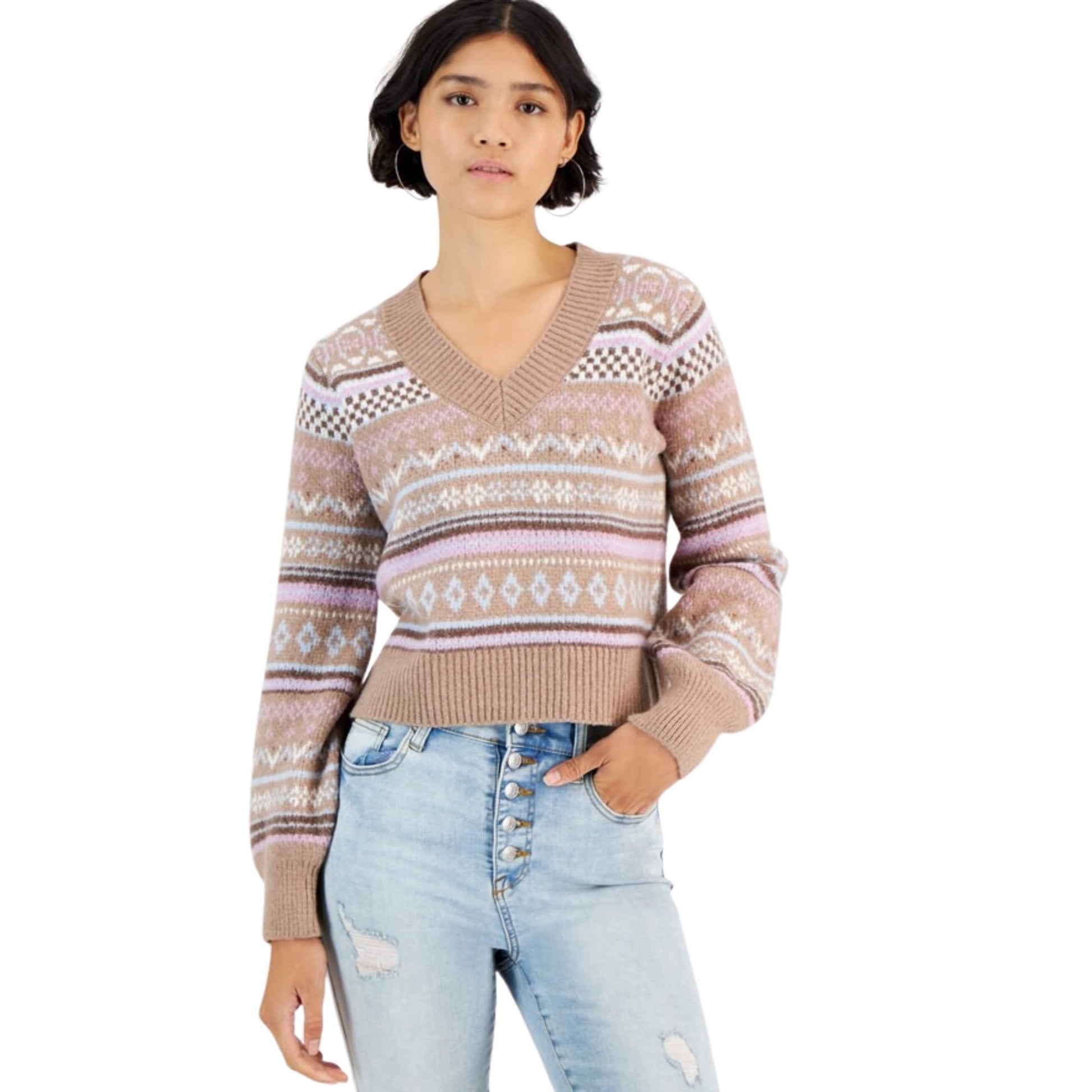 HIPPIE ROSE Womens Tops L / Brown HIPPIE ROSE -  Printed Bubble-Sleeve V-Neck Sweater