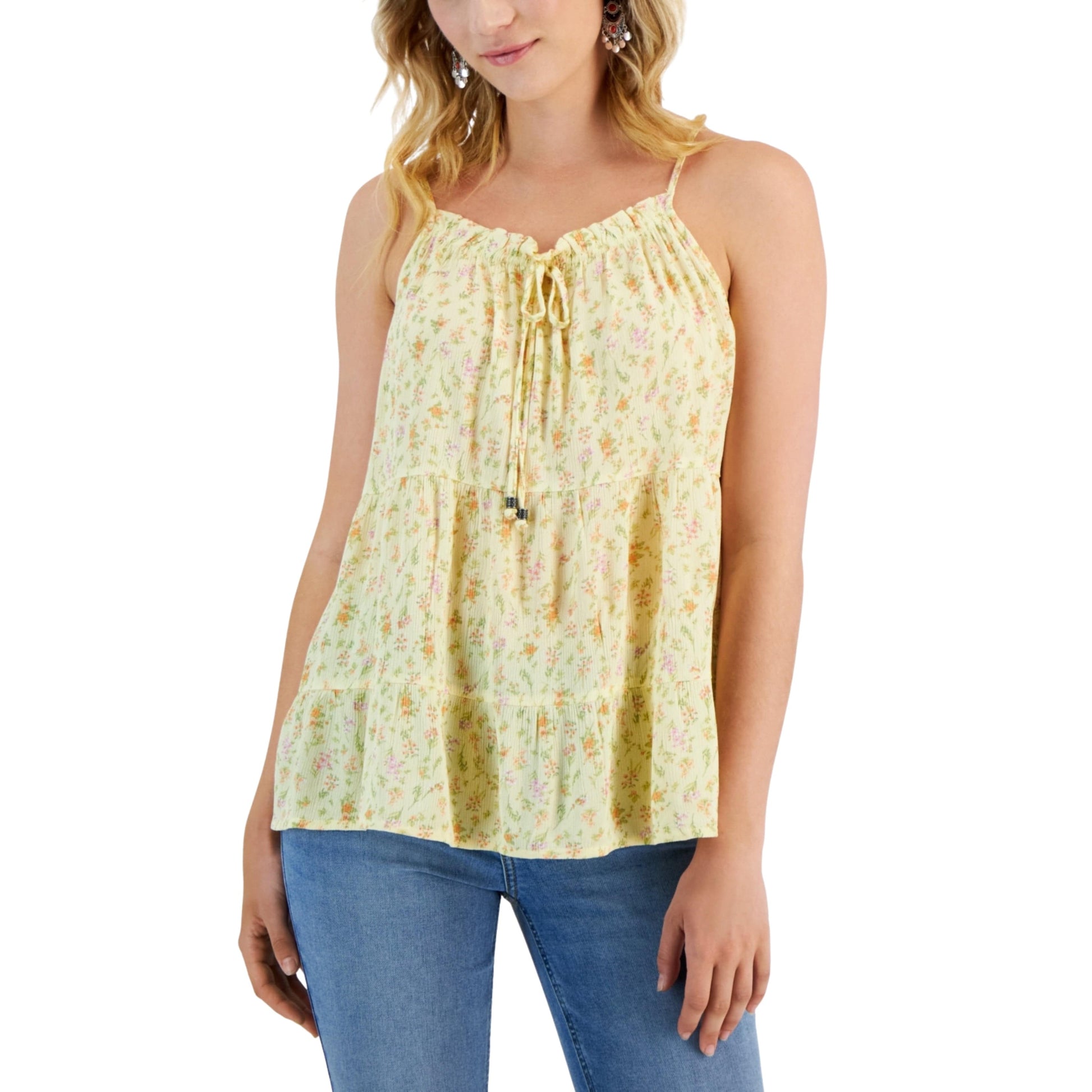 HIPPIE ROSE Womens Tops M / Yellow HIPPIE ROSE - Printed Tiered Tie-Neck Top