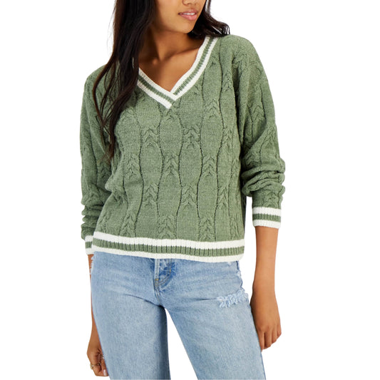 HIPPIE ROSE Womens Tops M / Green HIPPIE ROSE - ' V-Neck Cable-Knit Sweater