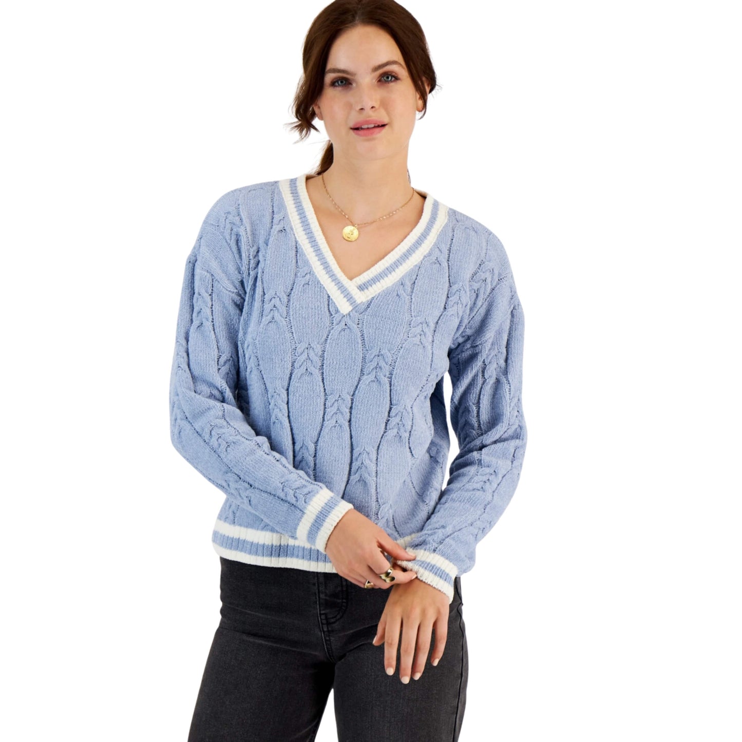 HIPPIE ROSE Womens Tops M / Blue HIPPIE ROSE - ' V-Neck Cable-Knit Sweater