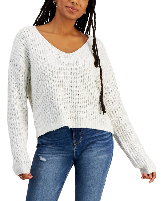 HOOKED UP Womens Tops L / White HOOKED UP -  Drop-Shoulder V-Neck Sweater