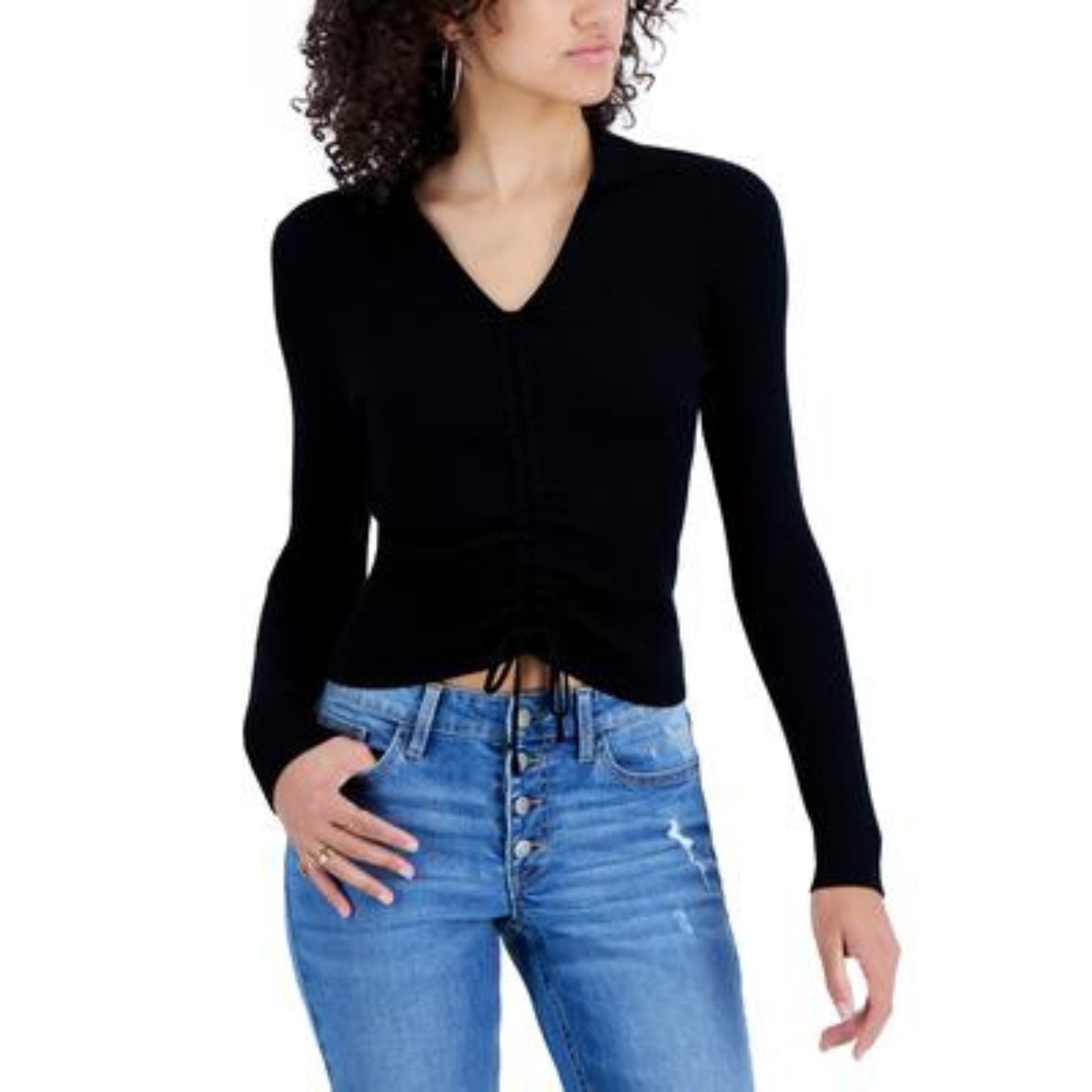 HOOKED UP Womens Tops S / Black HOOKED UP -  Ruched Ribbed Sweater