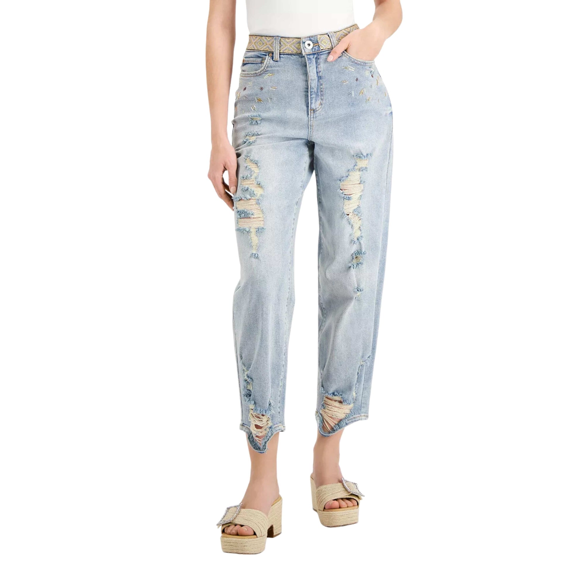 INC INTERNATIONAL CONCEPTS Womens Bottoms INC - Ripped High-Rise Straight-Leg Jeans