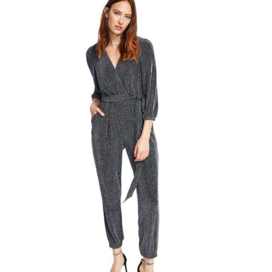 INC INTERNATIONAL CONCEPTS Womens Overall M / Silver INC INTERNATIONAL CONCEPTS - Metallic Belted Jumpsuit