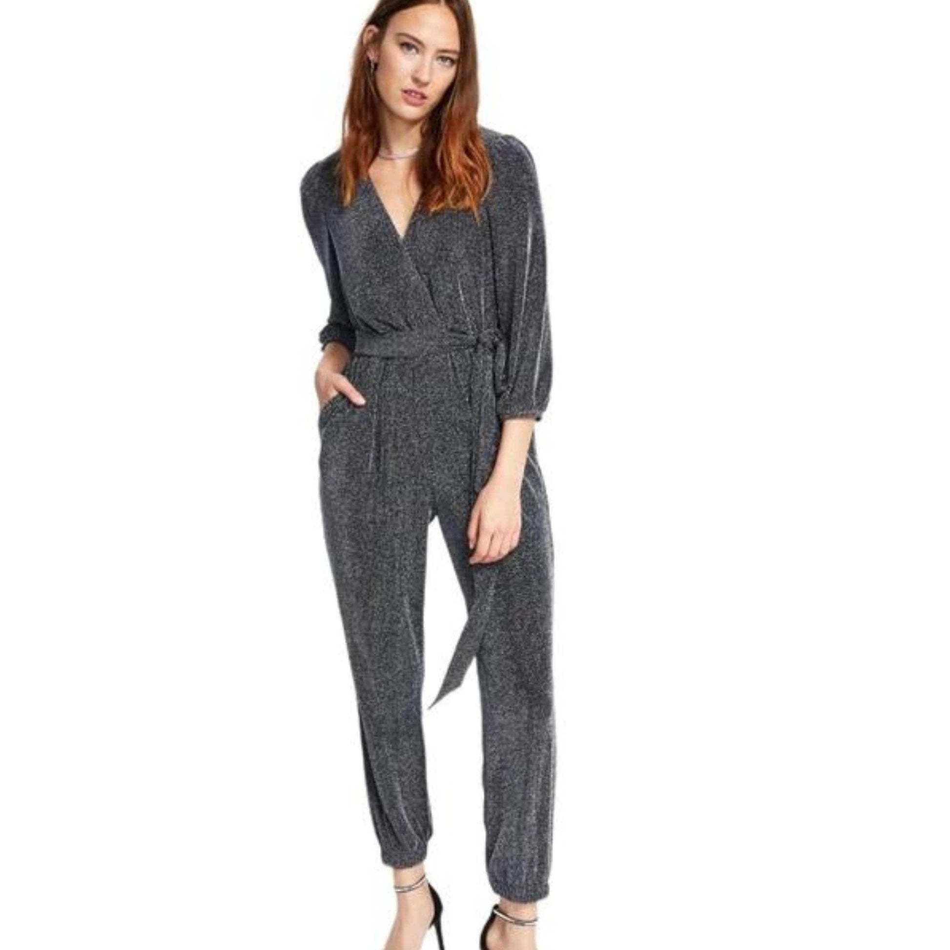 INC INTERNATIONAL CONCEPTS Womens Overall M / Silver INC INTERNATIONAL CONCEPTS - Metallic Belted Jumpsuit