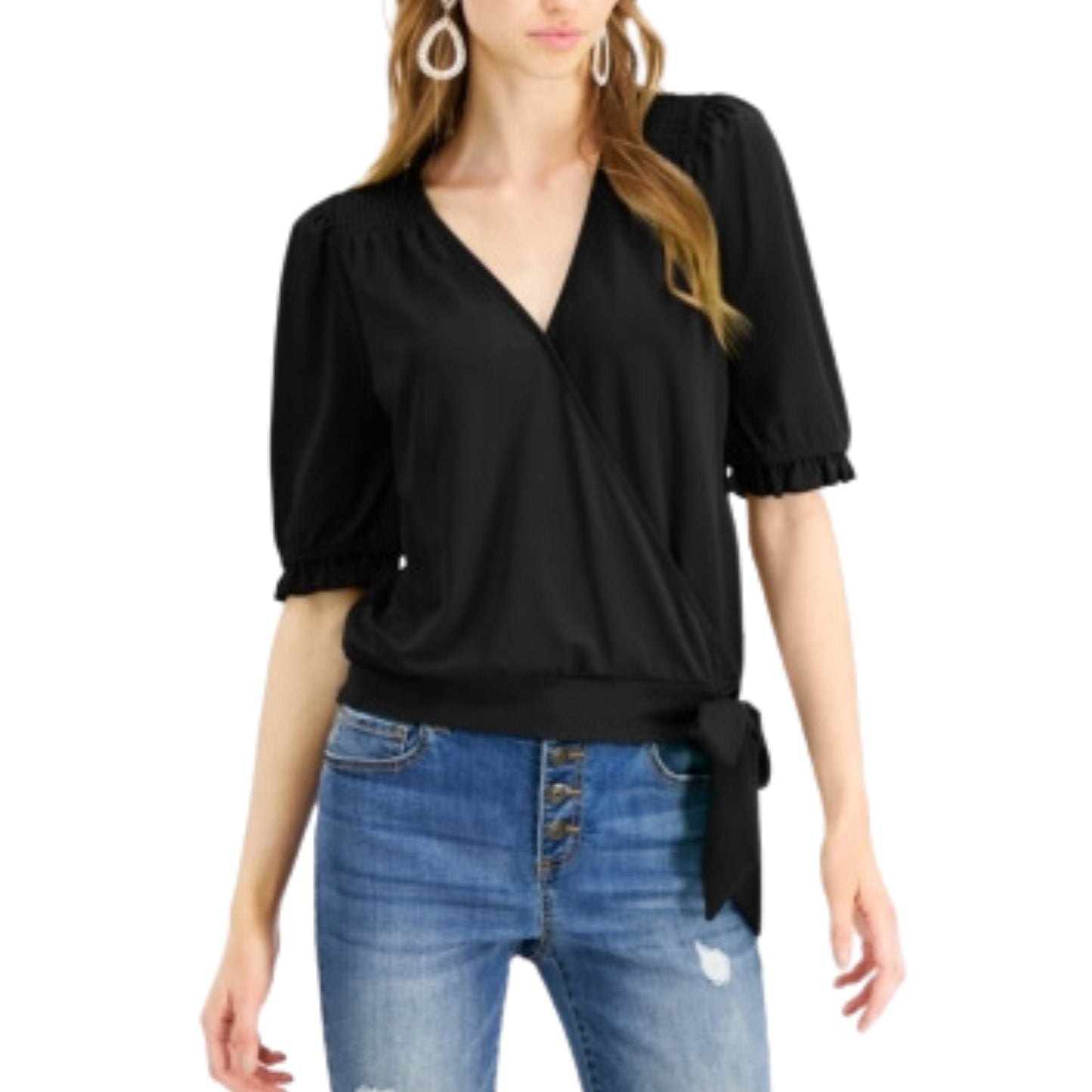 INC INTERNATIONAL CONCEPTS Womens Tops Petite XS / Black INC - Petite Side-Tie Surplice Top