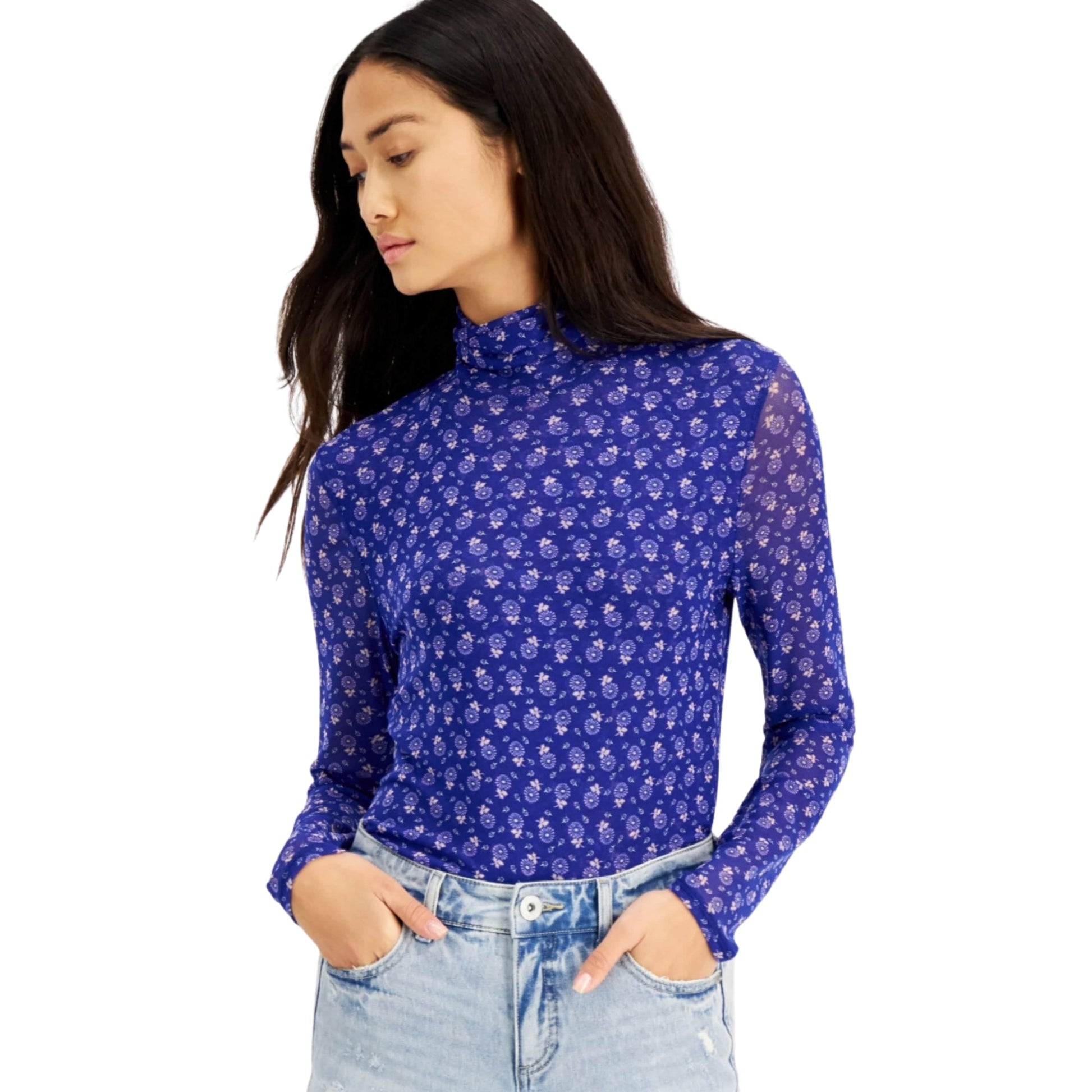 INC INTERNATIONAL CONCEPTS Womens Tops M / Blue INC - Printed Mesh Turtleneck