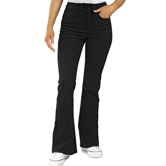 INDIGO REIN Womens Bottoms S / Black INDIGO REIN -  Lace-up Flared-Leg Denim Jeans