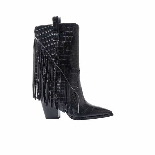 ISNOM Womens Shoes 37.5 / Black ISNOM - Mid Calf Embossed Fringe Cowboy Boots