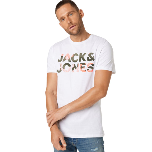 JACK & JONES Mens Tops M / White JACK & JONES - T-Shirt with Crew Neck and Logo Print