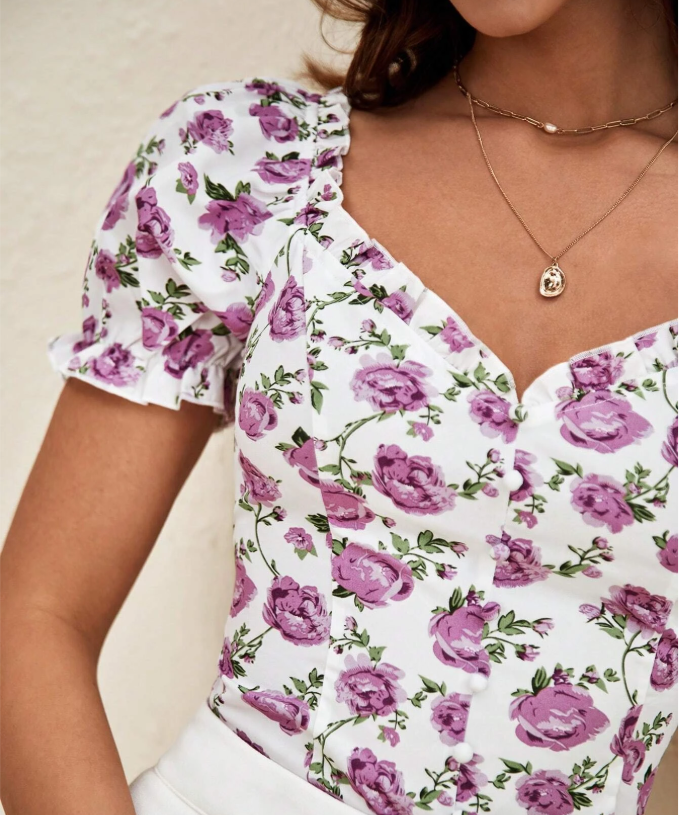 SHEIN - Floral Print Sweetheart Neck Puff Sleeve Blouse