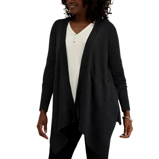 JM COLLECTION Womens Jackets L / Black JM COLLECTION -  Textured Hem Cascade-Front Cardigan