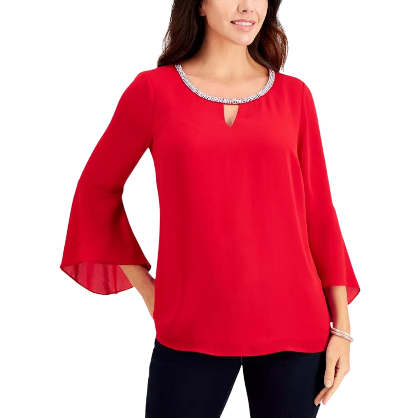 JM COLLECTION Womens Tops XL / Red JM COLLECTION -  Bell-Sleeve Embellished-Trim Blouse