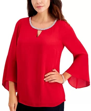 JM COLLECTION Womens Tops XL / Red JM COLLECTION -  Bell-Sleeve Embellished-Trim Blouse