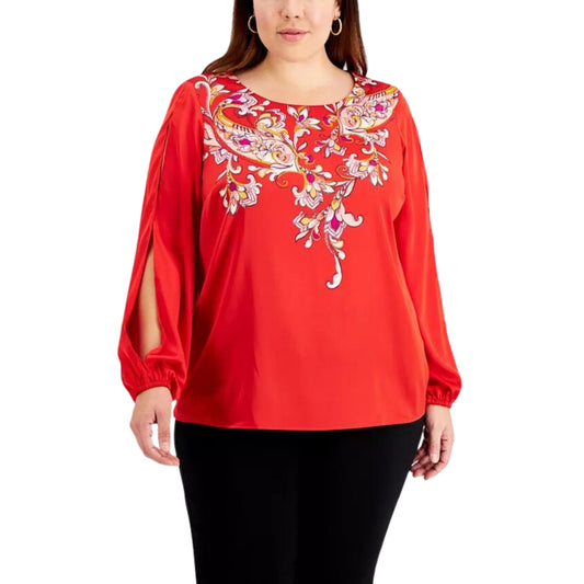 JM COLLECTION Womens Tops XL / Red JM COLLECTION -  Printed Slit-Sleeve Blouse