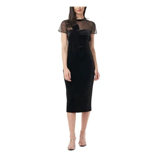 JS COLLECTION Womens Dress S / Black JS COLLECTION  - Slitted Lined Short Sleeve Illusion Neckline MIDI