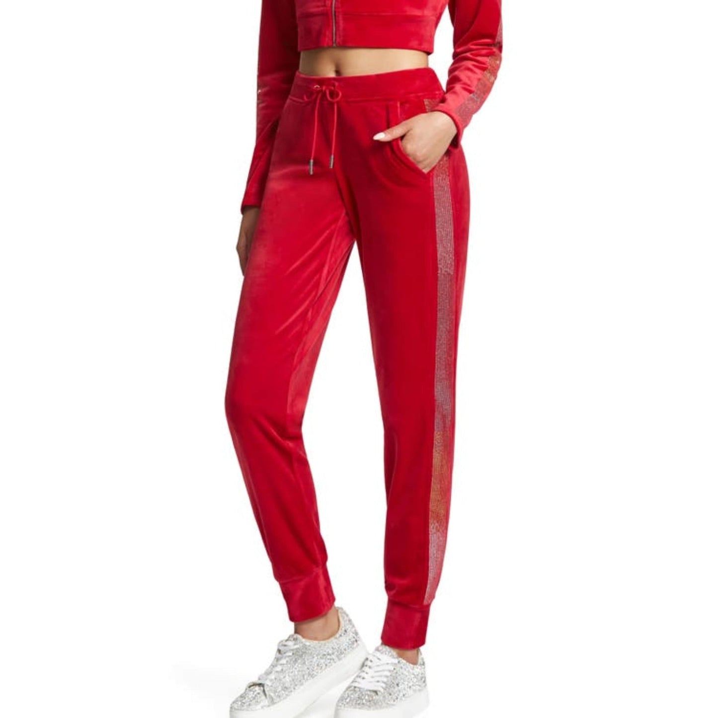 JUICY COUTURE Womens Bottoms S / Red JUICY COUTURE - Mid-Rise Embellished-Trim Joggers