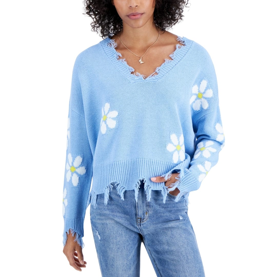 JUST POLLY XS / Blue JUST POLLY - Daisy-Print Destructed Sweater