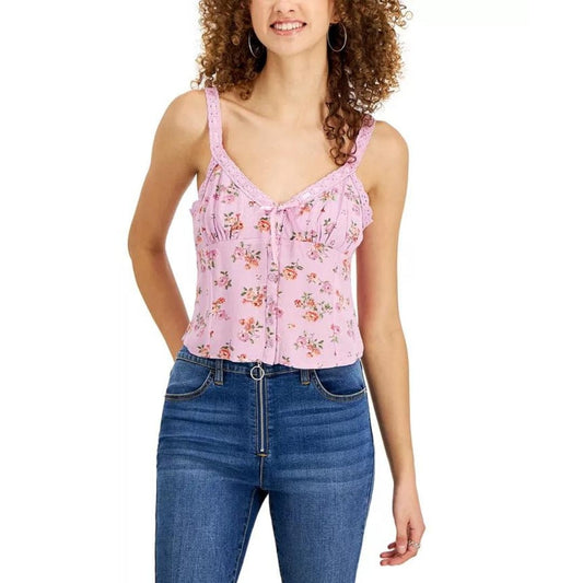 JUST POLLY Womens Tops JUST POLLY -  Floral-Print Ribbon-Trim Top
