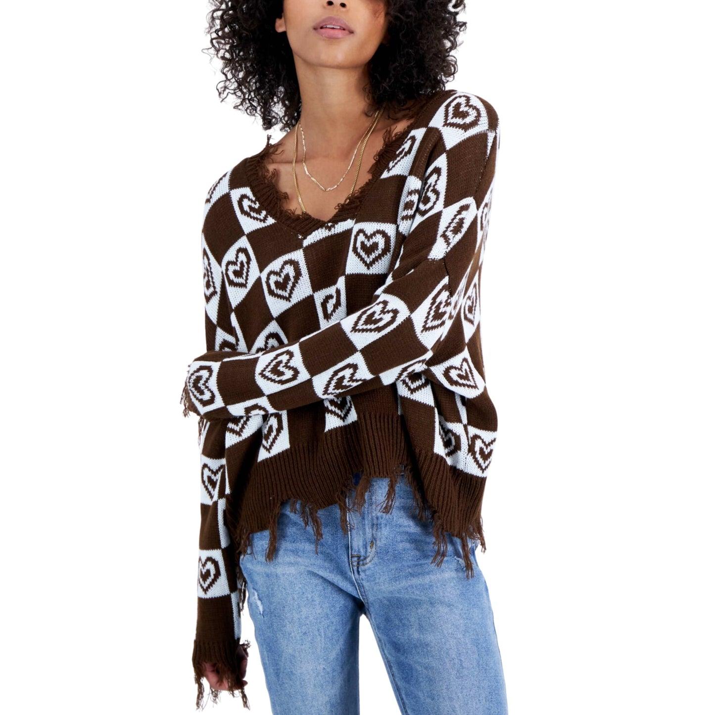 JUST POLLY Womens Tops JUST POLLY -  Frayed Checkered Hearts Sweater