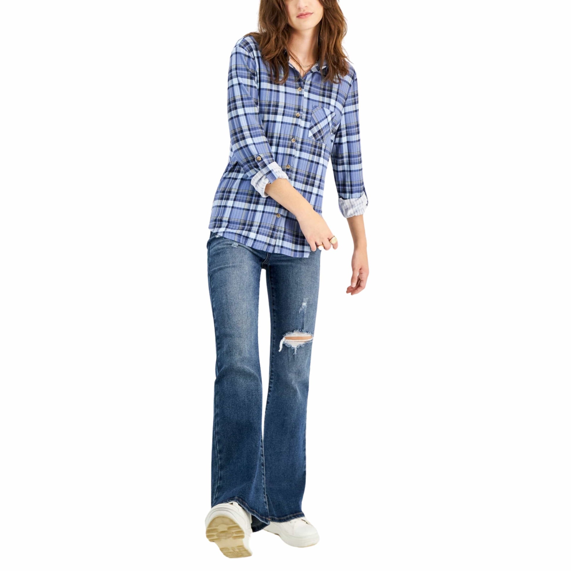 JUST POLLY Womens Tops L / Blue JUST POLLY - Plaid Collared Knit Shirt