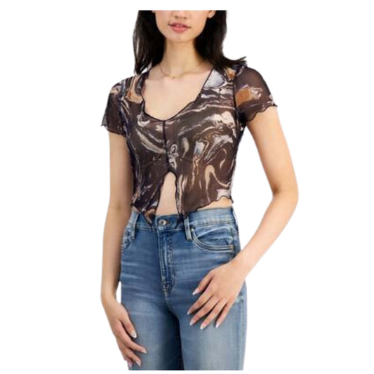 JUST POLLY Womens Tops JUST POLLY - Printed Mesh Notch-Front Cropped Top