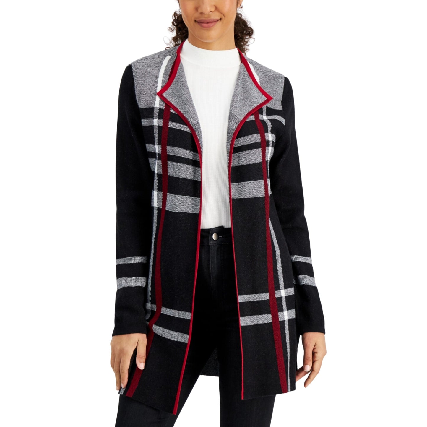 KASPER Womens Jackets L / Multi-Color KASPER - Plaid Contrast-Trim Wing-Collar Cardigan