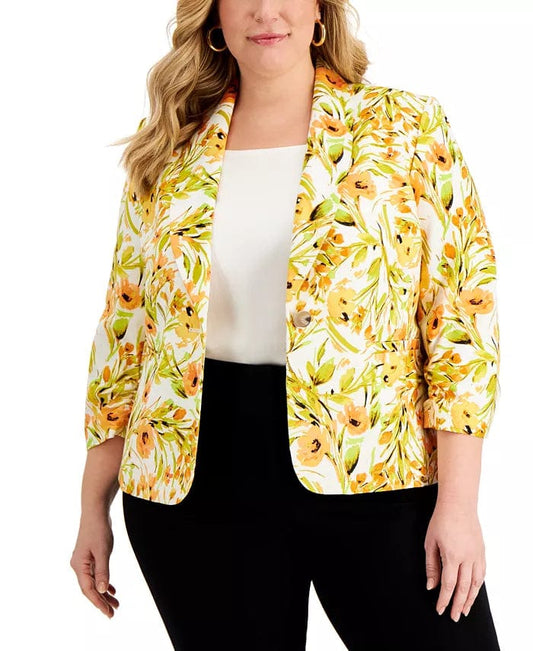 KASPER Womens Jackets KASPER - Plus Size Linen Floral Shawl-Collar Blazer