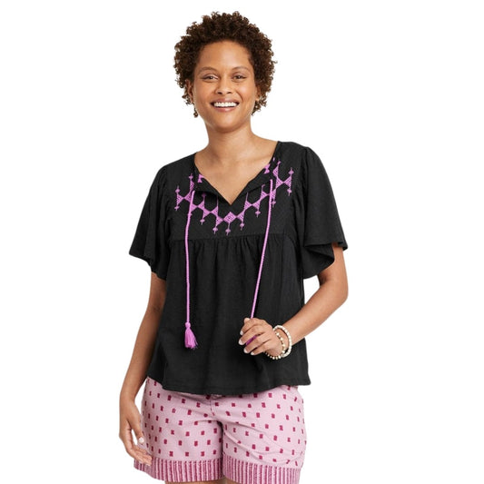 KNOX ROSE Womens Tops XS / Black KNOX ROSE - Flutter Short Sleeve Embroidered Top