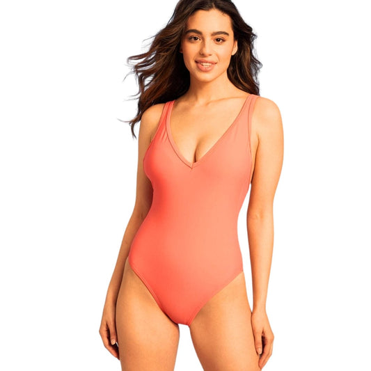 KONA SOL Womens Swimwear S / Orange KONA SOL - V-Neck Over The Shoulder High Leg One Piece Swimsuit