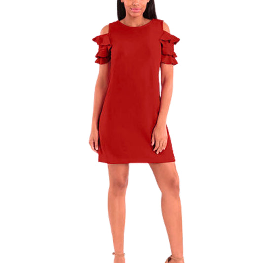 LONDON STYLE Womens Dress Petite L / Red LONDON STYLE -  Short Ruffle Sleeve Cold Shoulder Shift Dress