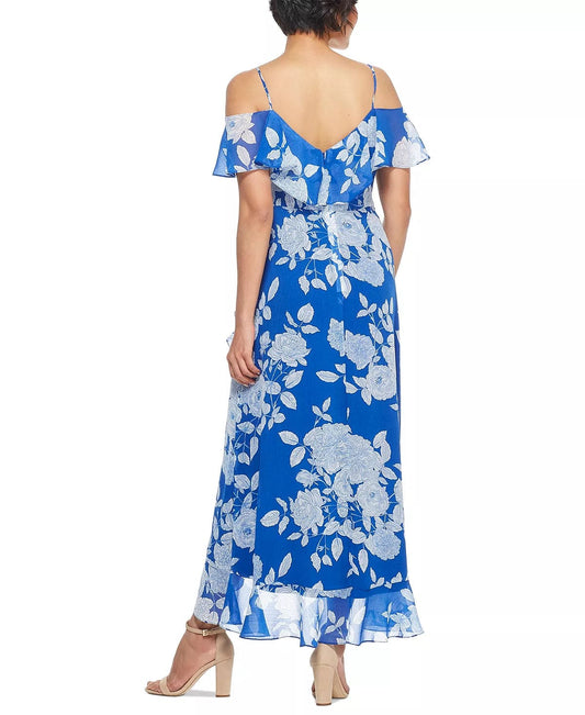 LONDON TIMES Womens Dress Petite M / Blue LONDON TIMES - Floral Print Cold Shoulder Maxi Dress