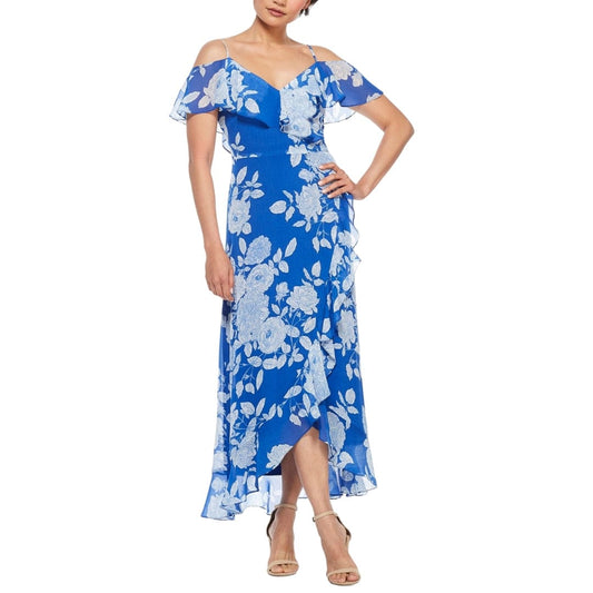 LONDON TIMES Womens Dress Petite M / Blue LONDON TIMES - Floral Print Cold Shoulder Maxi Dress