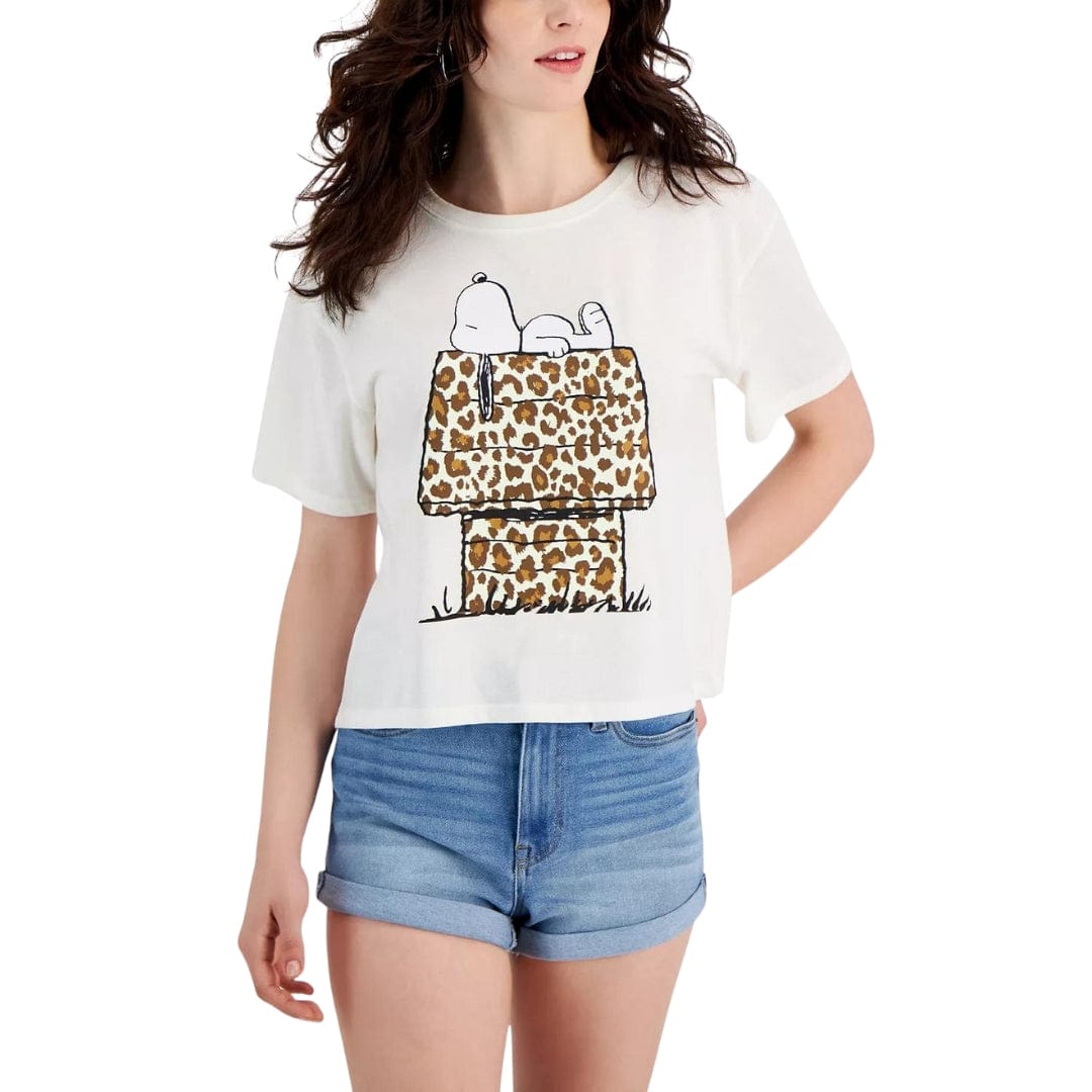 LOVE TRIBE Womens Tops S / Off-White LOVE TRIBE - Leopard Snoopy Cropped T-Shirt