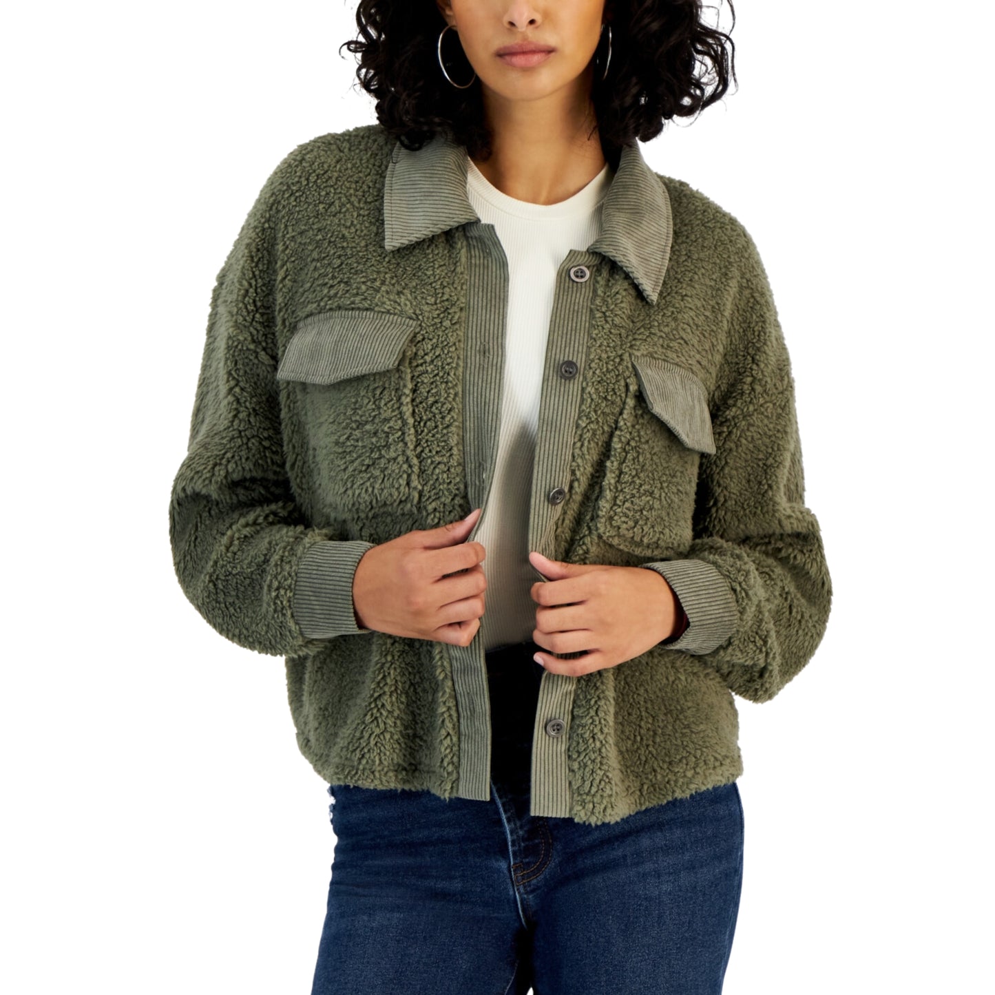 HIPPIE ROSE - Corduroy-Trimmed Sherpa Shacket