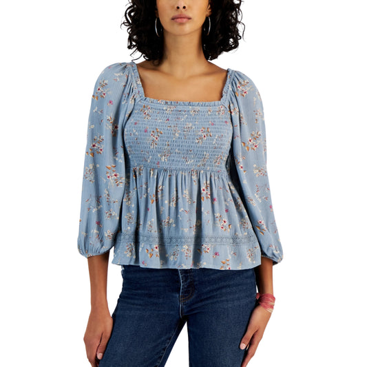 HIPPIE ROSE - Long Sleeve Square-Neck Smocked Top