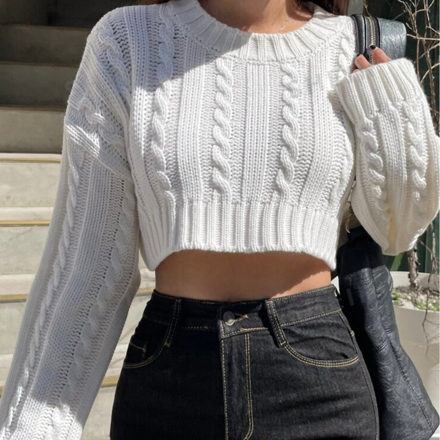 SHEIN - Cable Knit Drop Shoulder Crop Sweater