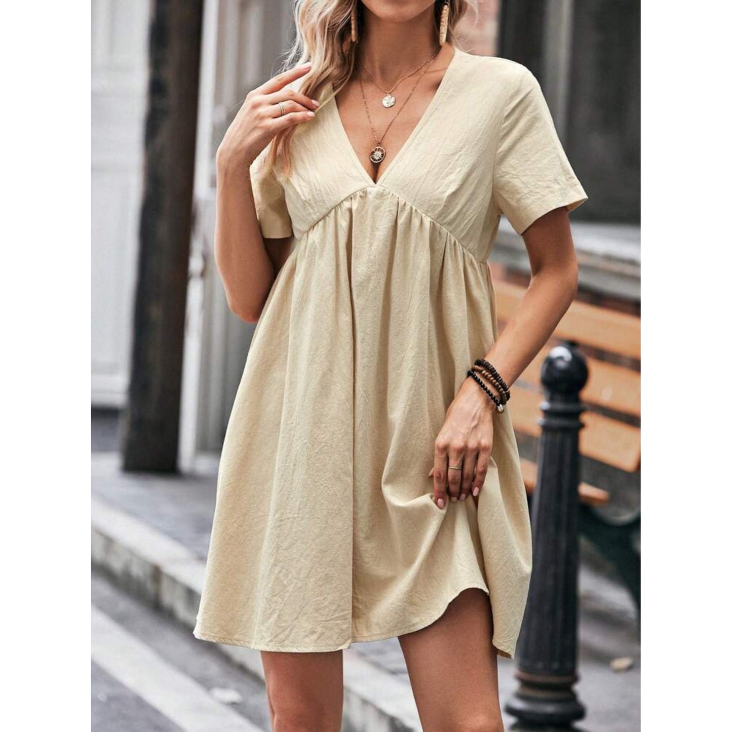 SHEIN -  LUNE Solid Plunging Neck Smock Dress