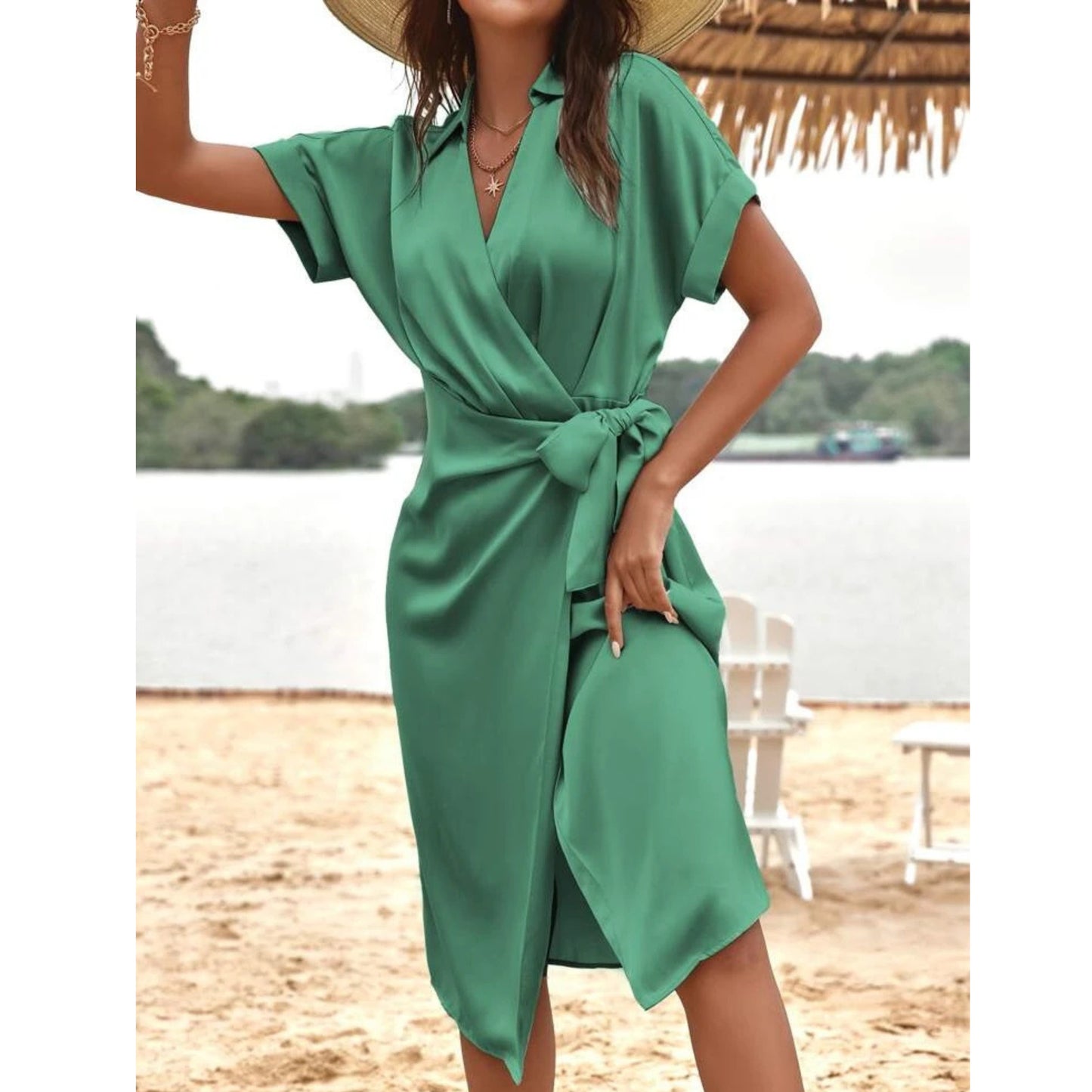 SHEIN -  Solid Batwing Sleeve Wrap Satin Dress