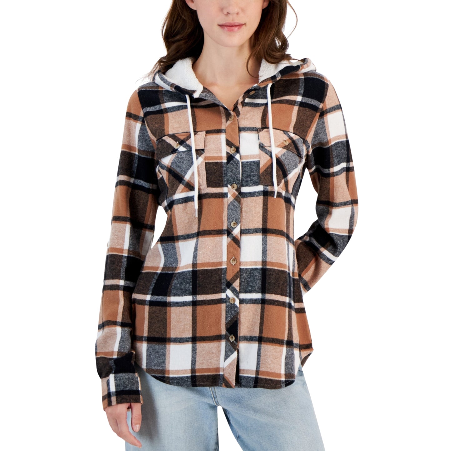 JUST POLLY -  Plaid Sherpa Hooded Button-up Shirt