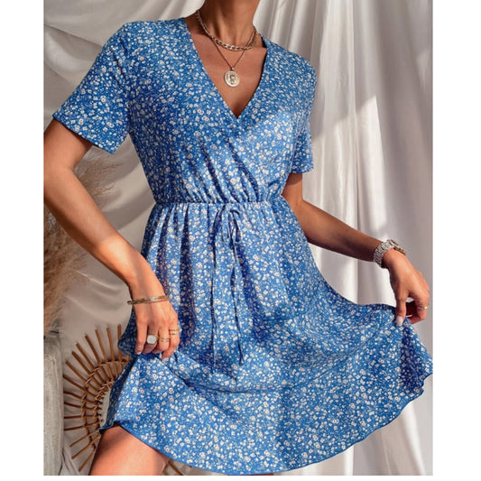 SHEIN - Random Daisy Floral Overlapping Collar Tie Front Dress