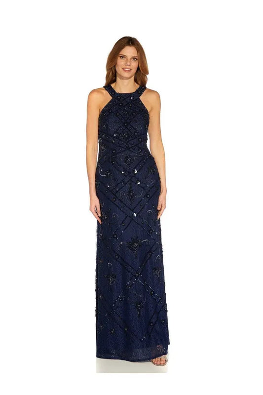 ADRIANNA PAPELL - Beaded Halter Evening Dress