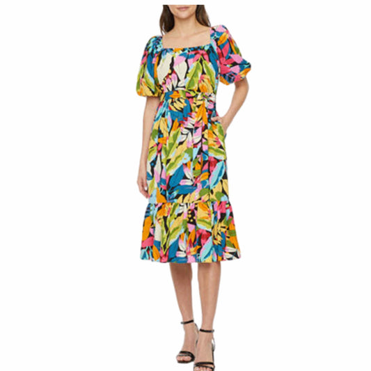 MAIA Womens Dress XL / Multi-Color MAIA - Short Sleeve Tropical Print MIDI Fit + Flare Dress